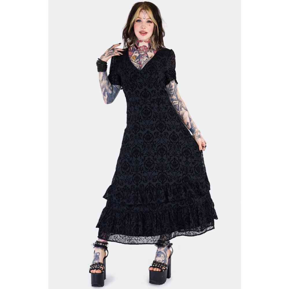 Jawbreaker - Devore Ruffle Hem Gothic Longue robe - Noir